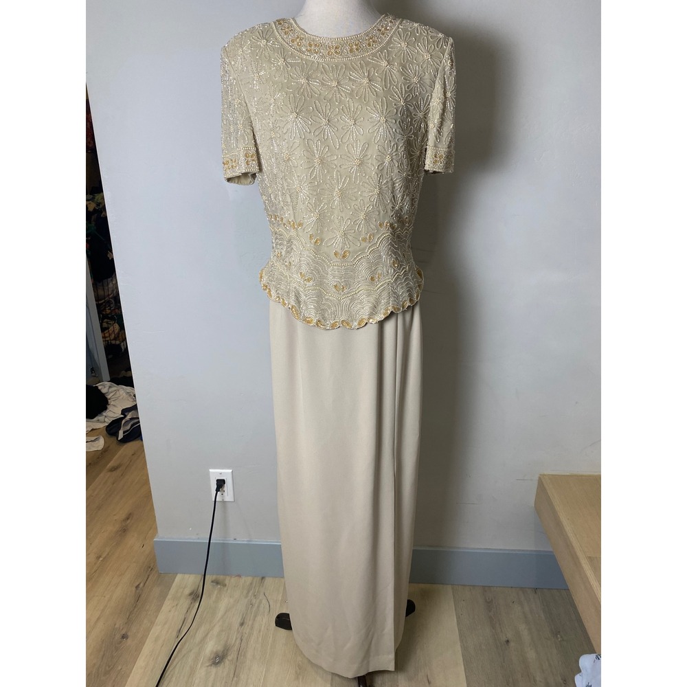 VTG 90s Adrianna Papell Bead Maxi Dress Champagne Formal Gown Mother of Bride
